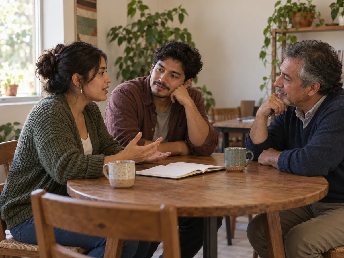 Una pareja conversa con un facilitador alrededor de una mesa, con una libreta abierta.