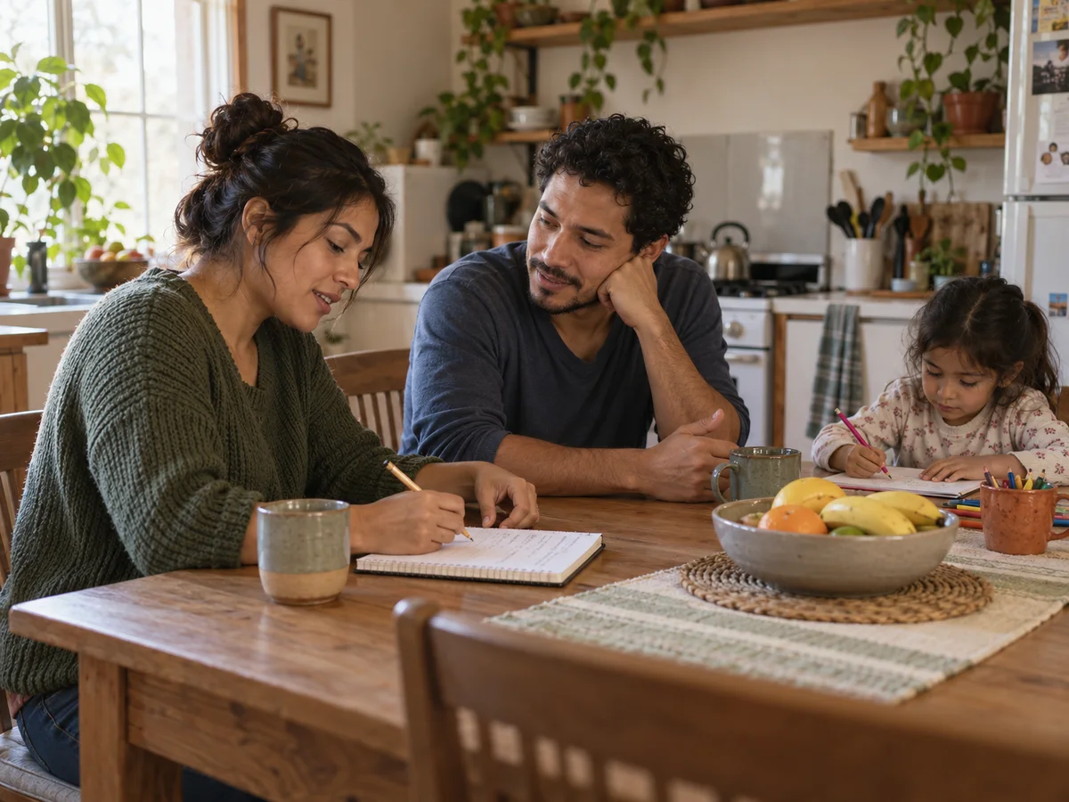 Una pareja conversa y toma notas a la mesa de su cocina mientras su hija dibuja.
